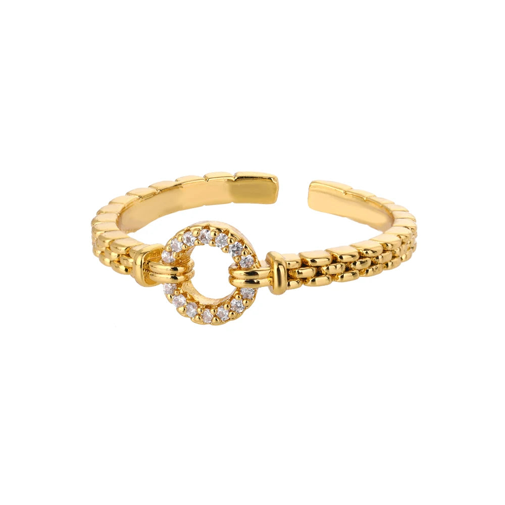 Zircon Round Chain Ring – Adjustable Gold Plated Stainless Steel Punk Rock Jewelry Gift for Women
