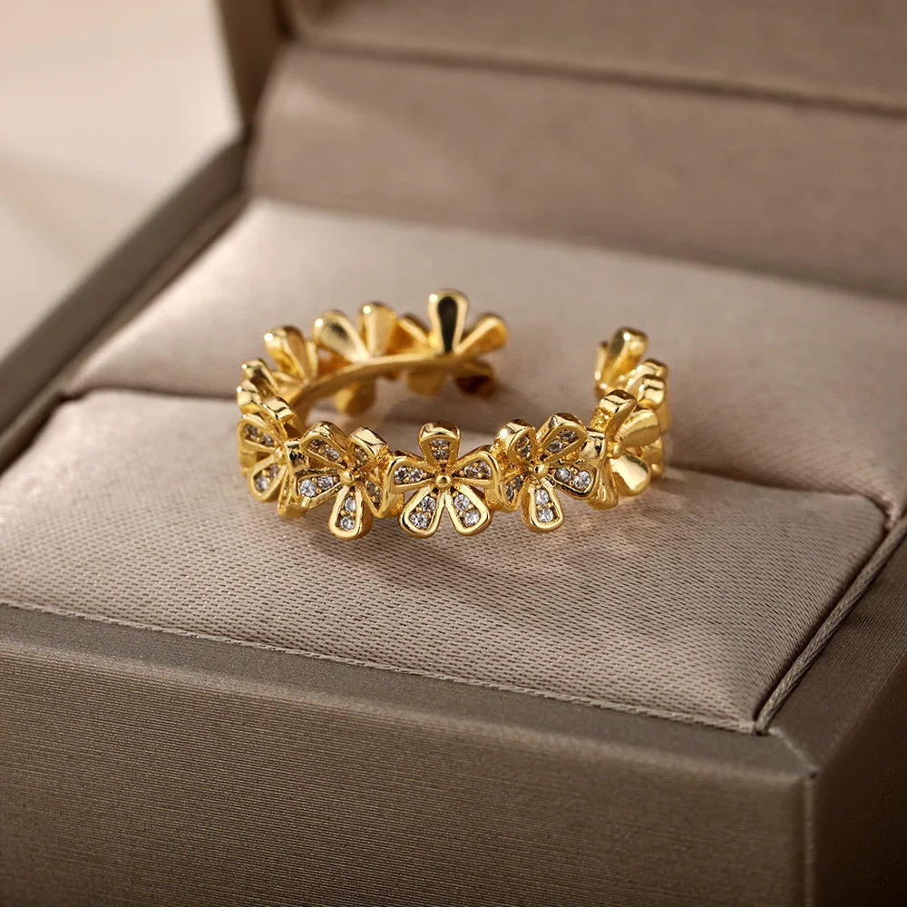 Adjustable Flower Zircon Stainless Steel Open Ring for Women – Gold Plated Floral Jewelry Gift