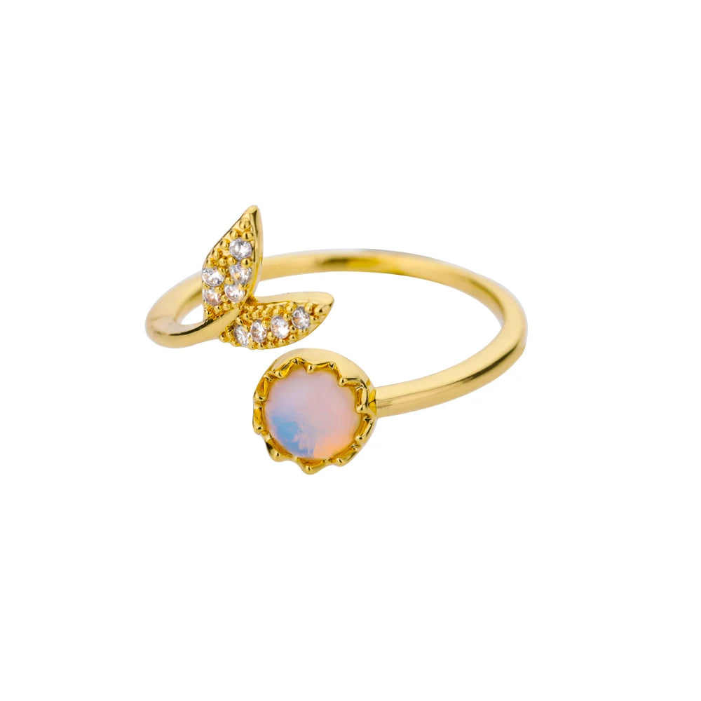Elegant Opal Leaf Ring for Women – Stainless Steel Bohemian Wedding Band & Anniversary Gift