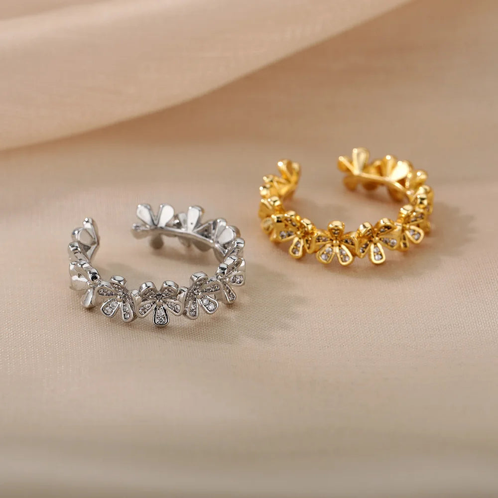 Adjustable Flower Zircon Stainless Steel Open Ring for Women – Gold Plated Floral Jewelry Gift