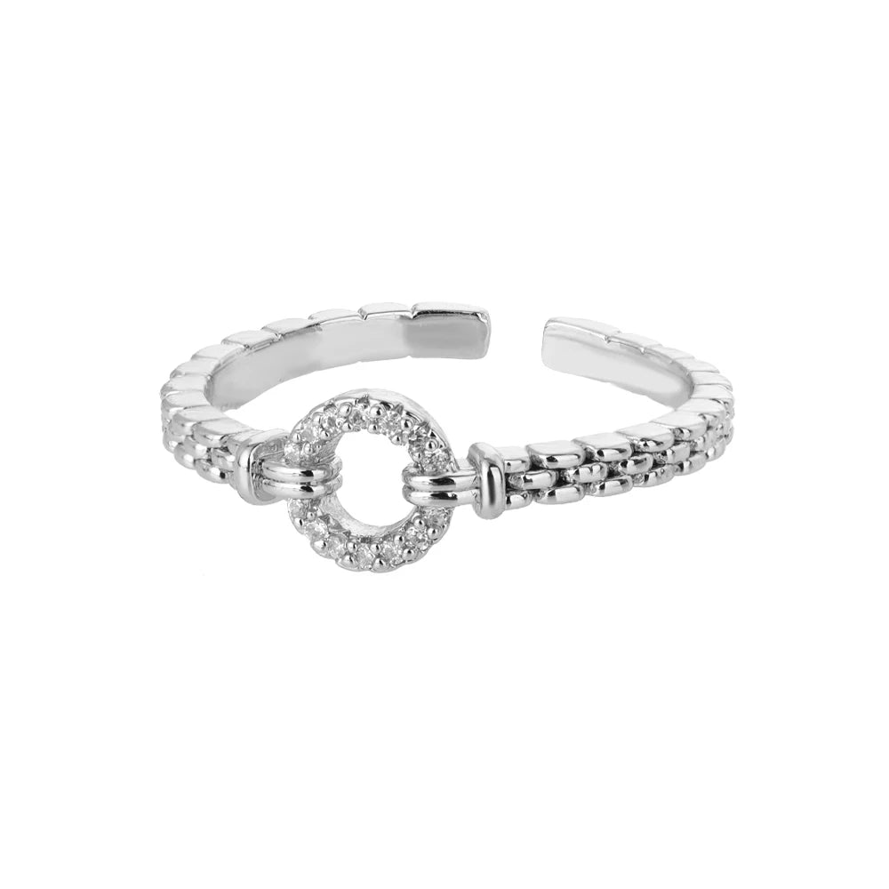Zircon Round Chain Ring – Adjustable Gold Plated Stainless Steel Punk Rock Jewelry Gift for Women