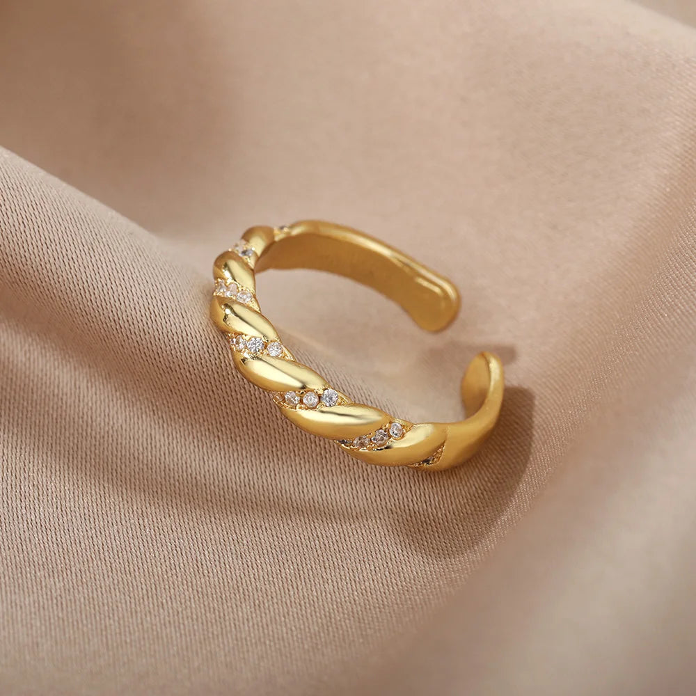 Zircon Twisted Gold Open Ring – Punk Stainless Steel Geometric Jewelry for Women