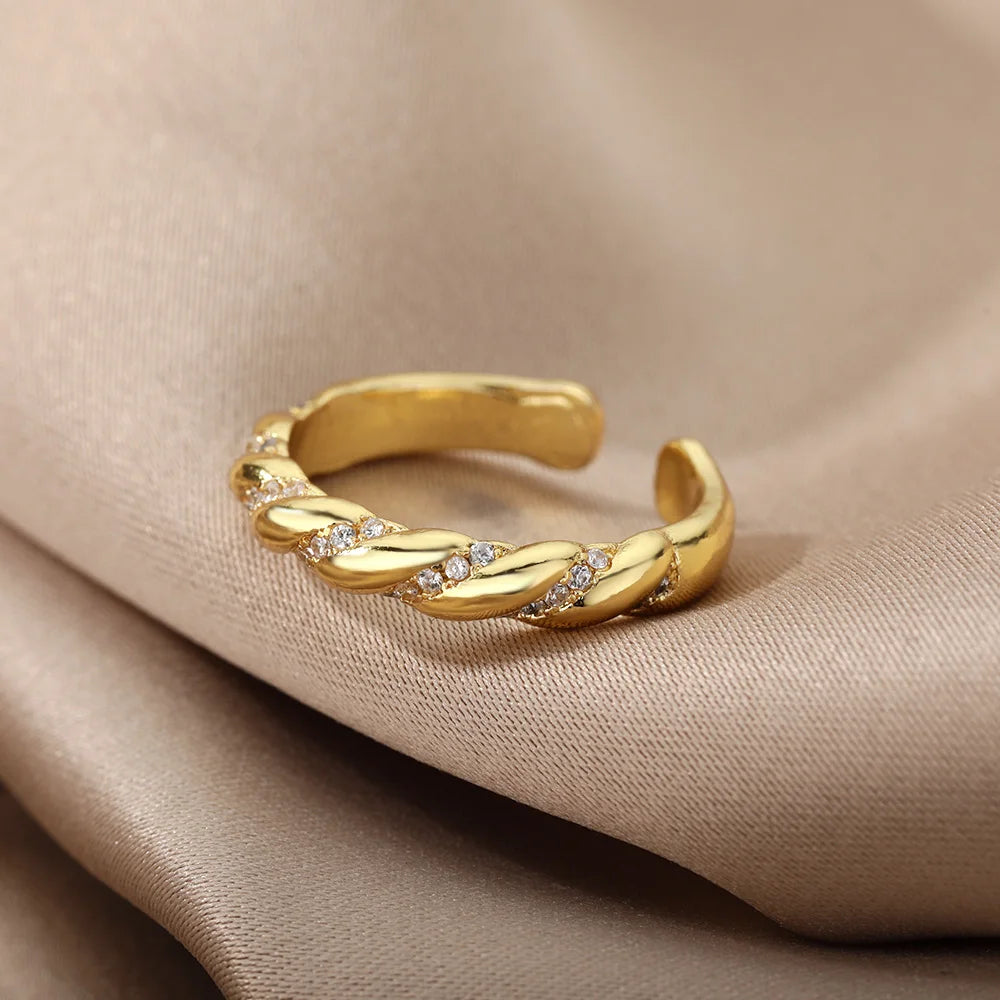 Zircon Twisted Gold Open Ring – Punk Stainless Steel Geometric Jewelry for Women
