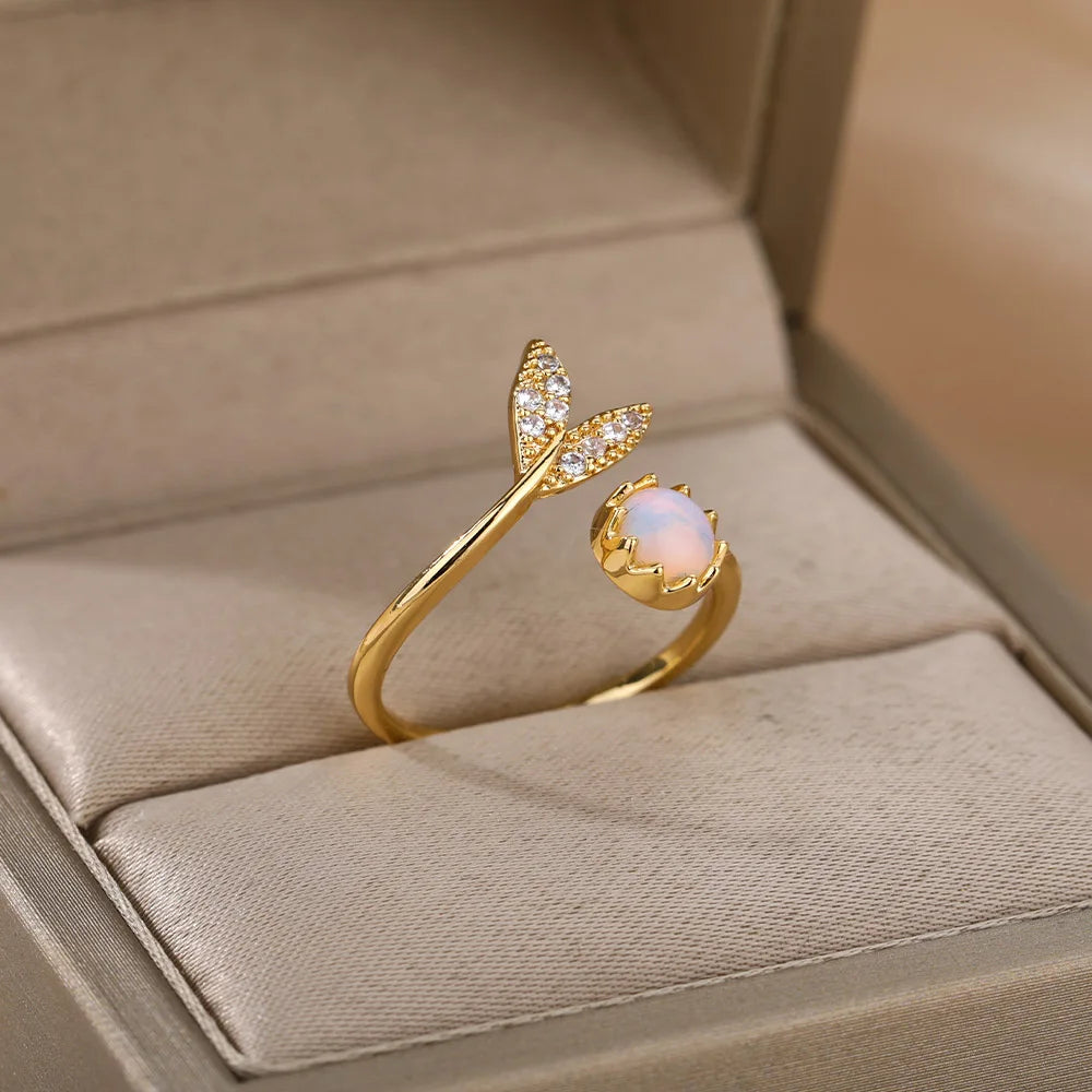 Elegant Opal Leaf Ring for Women – Stainless Steel Bohemian Wedding Band & Anniversary Gift