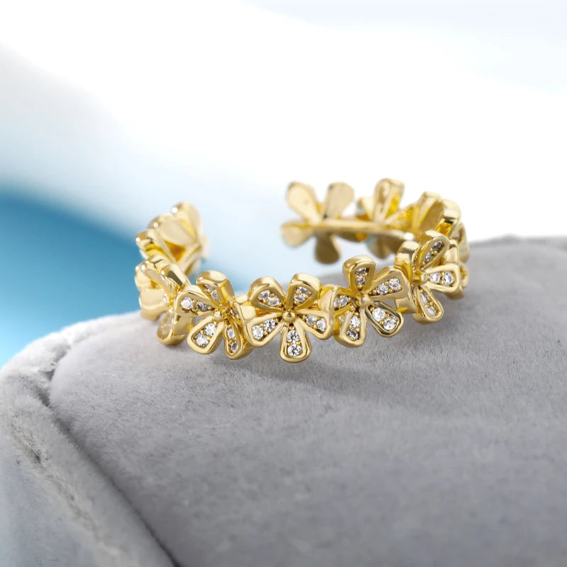 Adjustable Flower Zircon Stainless Steel Open Ring for Women – Gold Plated Floral Jewelry Gift
