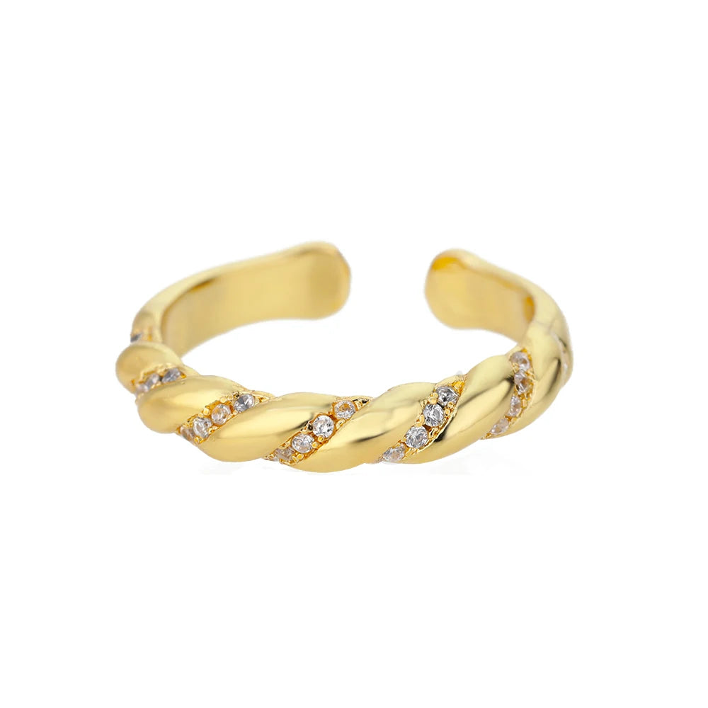 Zircon Twisted Gold Open Ring – Punk Stainless Steel Geometric Jewelry for Women