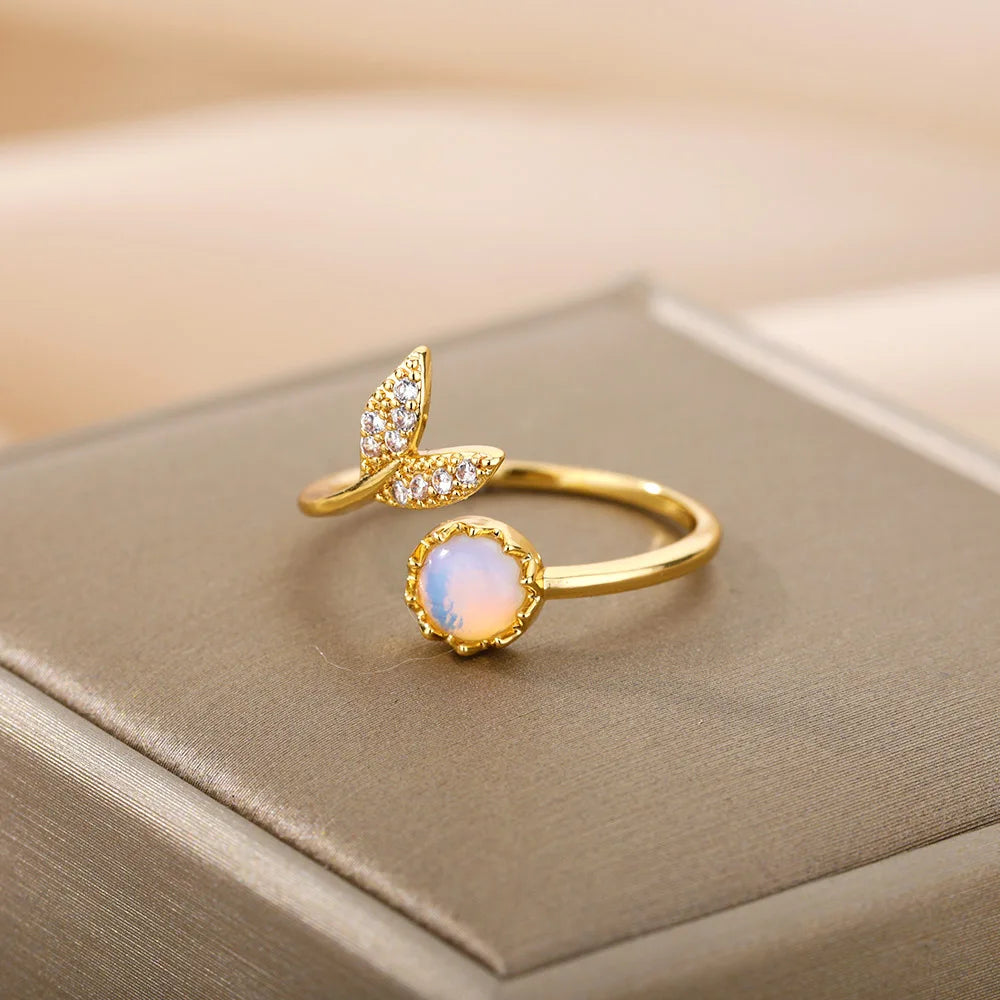 Elegant Opal Leaf Ring for Women – Stainless Steel Bohemian Wedding Band & Anniversary Gift