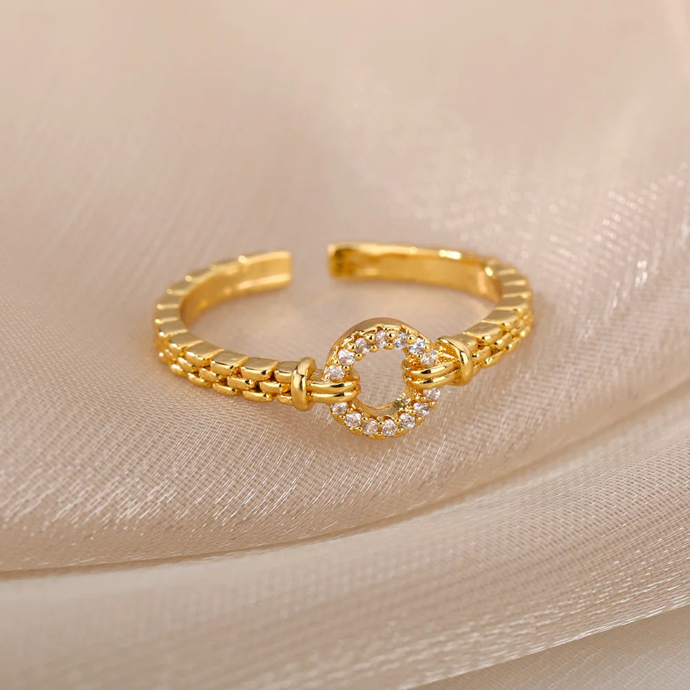Zircon Round Chain Ring – Adjustable Gold Plated Stainless Steel Punk Rock Jewelry Gift for Women