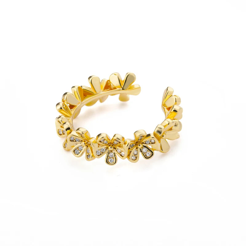 Adjustable Flower Zircon Stainless Steel Open Ring for Women – Gold Plated Floral Jewelry Gift