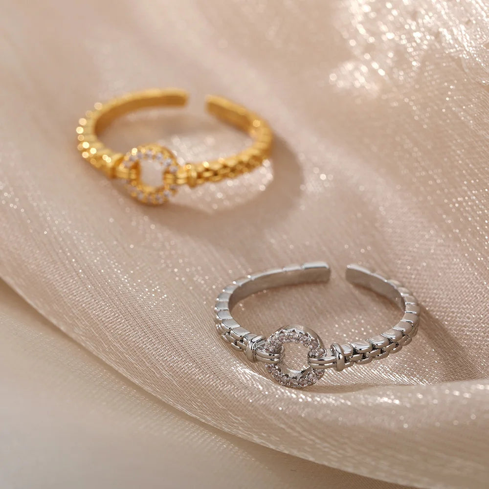 Zircon Round Chain Ring – Adjustable Gold Plated Stainless Steel Punk Rock Jewelry Gift for Women