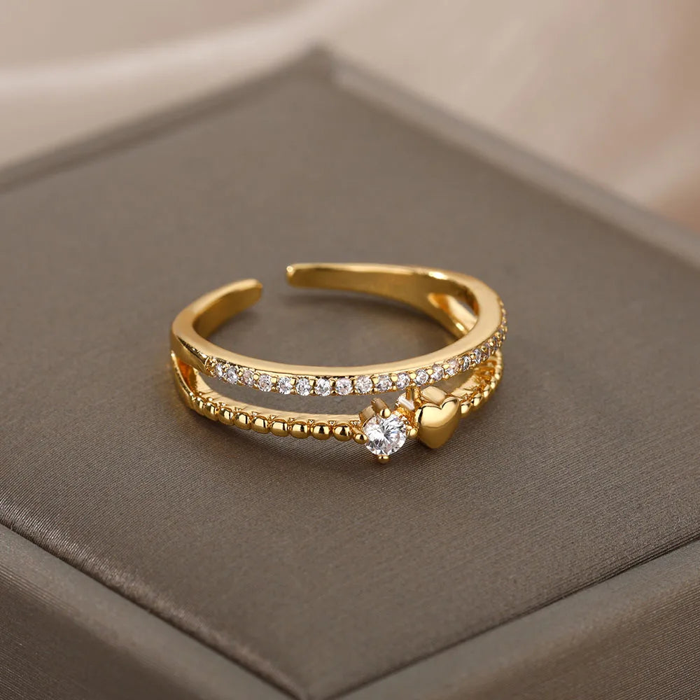 Double Heart Zircon Gold Stainless Steel Ring for Women – Wedding & Engagement Jewelry Gift