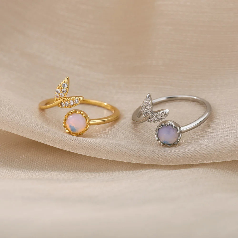 Elegant Opal Leaf Ring for Women – Stainless Steel Bohemian Wedding Band & Anniversary Gift