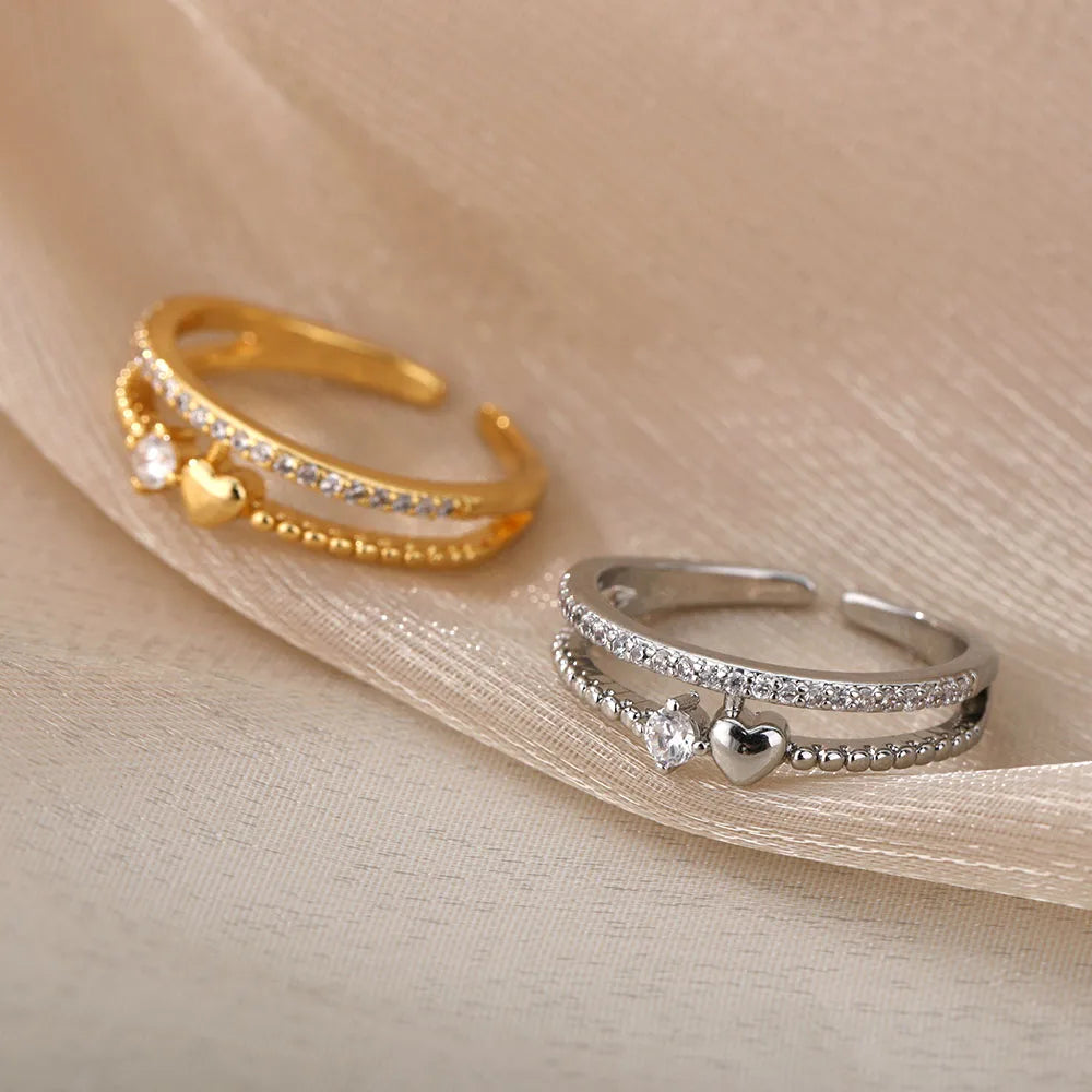 Double Heart Zircon Gold Stainless Steel Ring for Women – Wedding & Engagement Jewelry Gift
