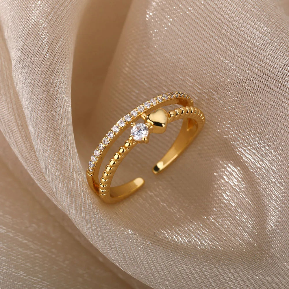 Double Heart Zircon Gold Stainless Steel Ring for Women – Wedding & Engagement Jewelry Gift