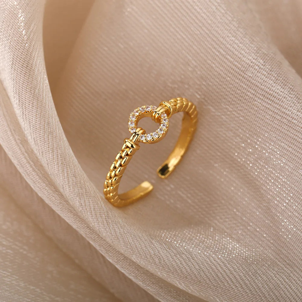 Zircon Round Chain Ring – Adjustable Gold Plated Stainless Steel Punk Rock Jewelry Gift for Women