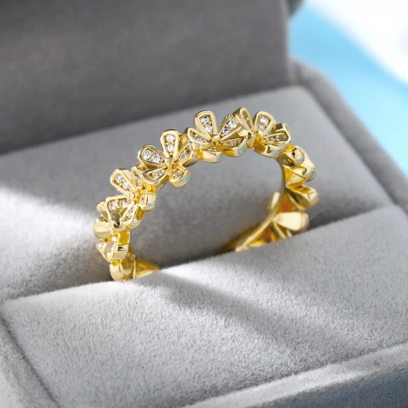 Adjustable Flower Zircon Stainless Steel Open Ring for Women – Gold Plated Floral Jewelry Gift