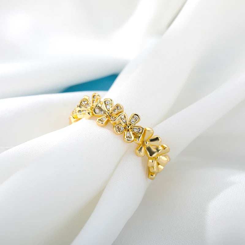 Adjustable Flower Zircon Stainless Steel Open Ring for Women – Gold Plated Floral Jewelry Gift