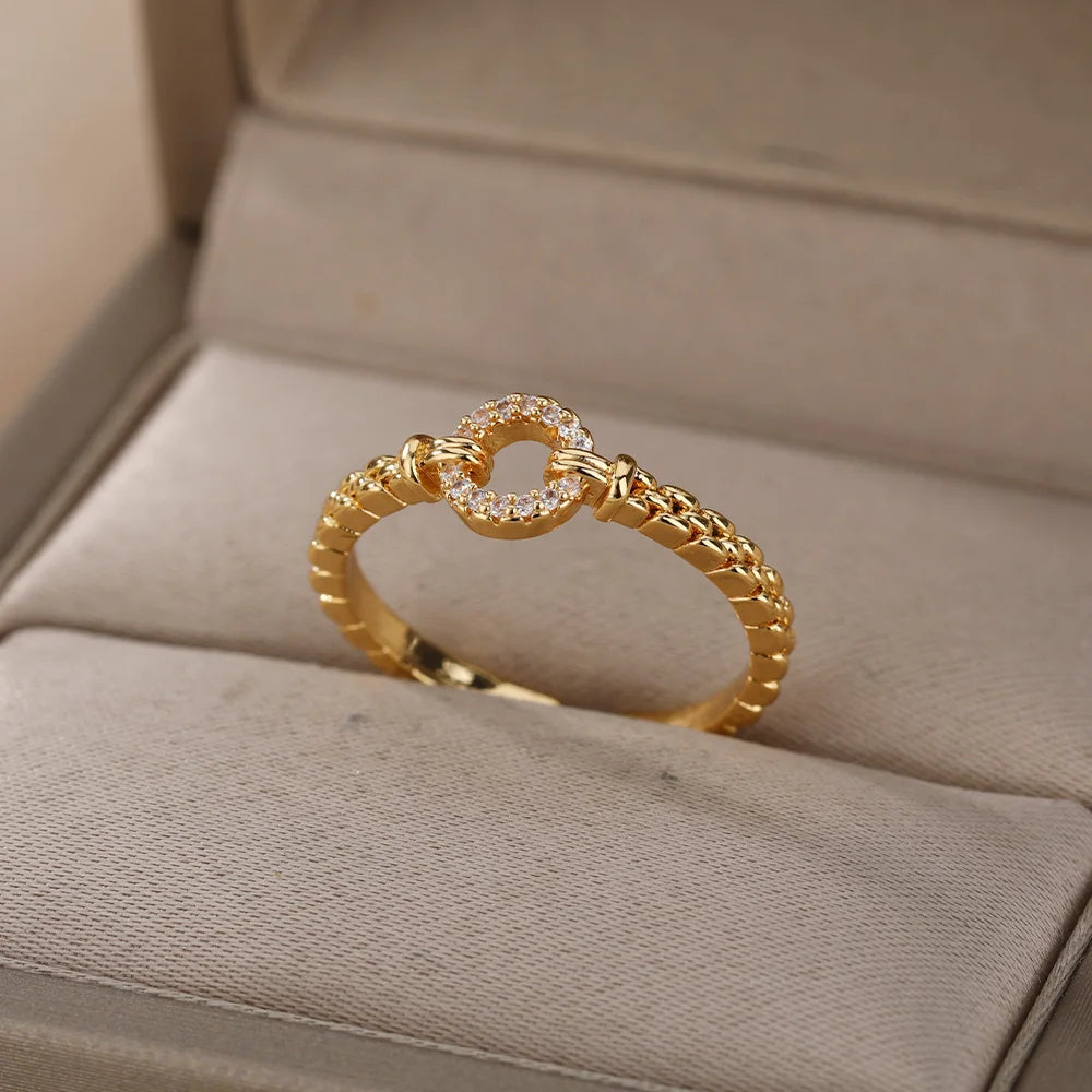 Zircon Round Chain Ring – Adjustable Gold Plated Stainless Steel Punk Rock Jewelry Gift for Women