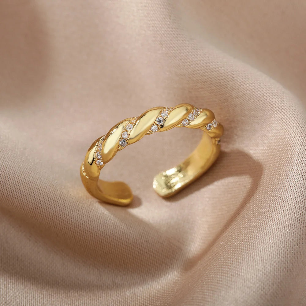 Zircon Twisted Gold Open Ring – Punk Stainless Steel Geometric Jewelry for Women