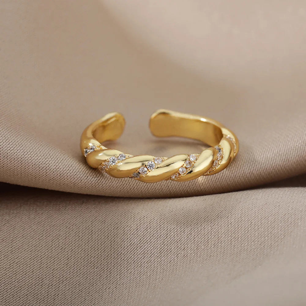 Zircon Twisted Gold Open Ring – Punk Stainless Steel Geometric Jewelry for Women