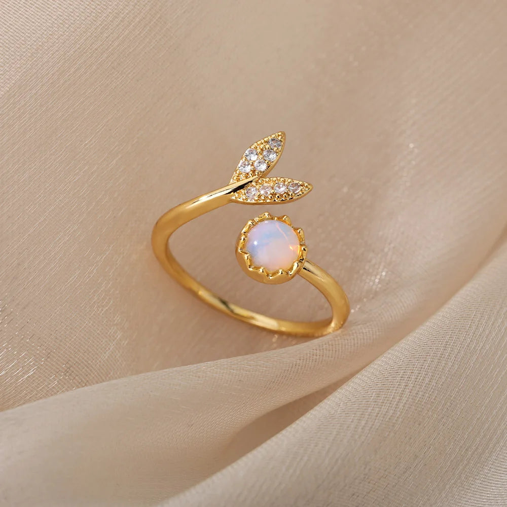 Elegant Opal Leaf Ring for Women – Stainless Steel Bohemian Wedding Band & Anniversary Gift