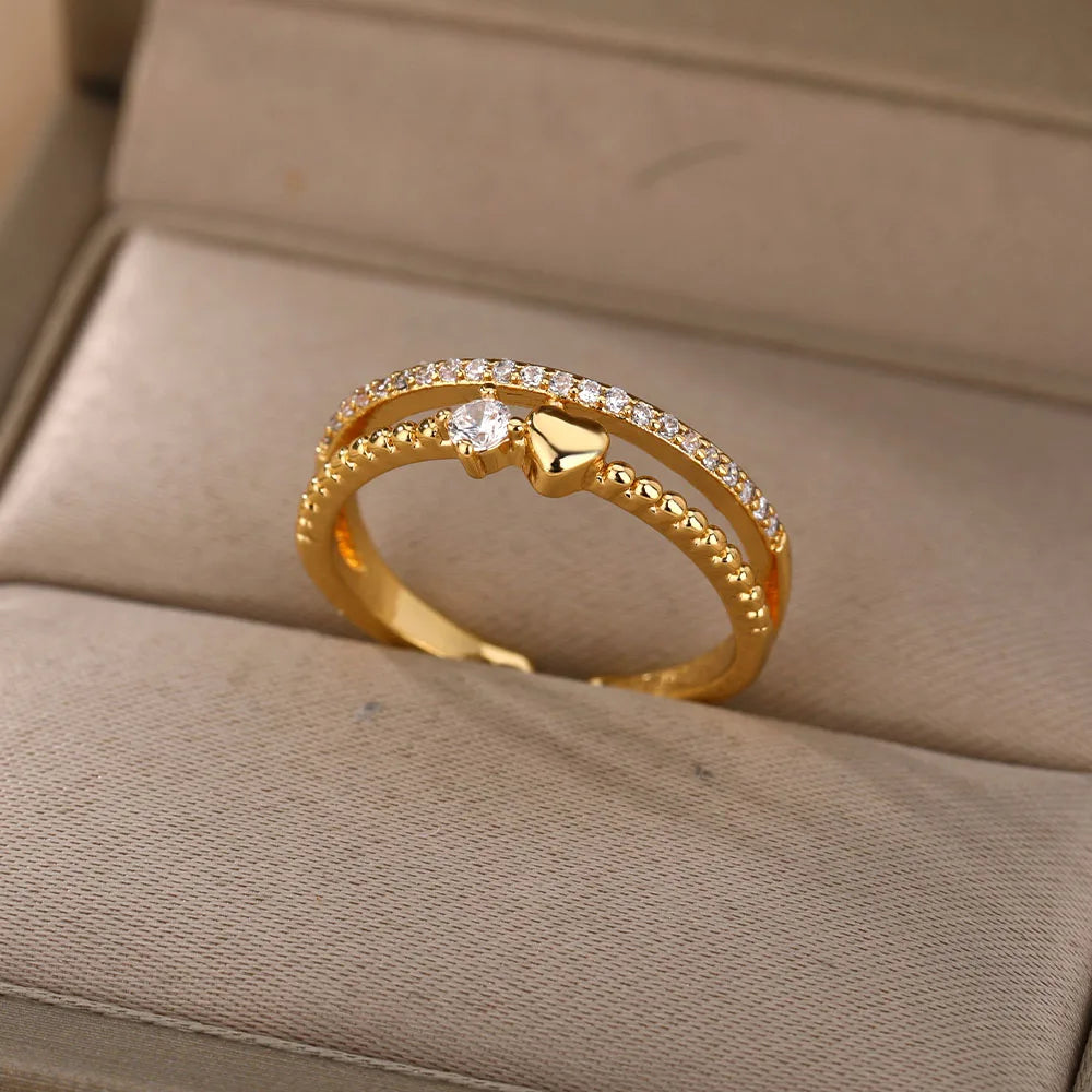 Double Heart Zircon Gold Stainless Steel Ring for Women – Wedding & Engagement Jewelry Gift