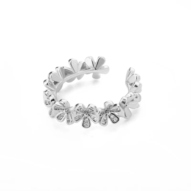 Adjustable Flower Zircon Stainless Steel Open Ring for Women – Gold Plated Floral Jewelry Gift