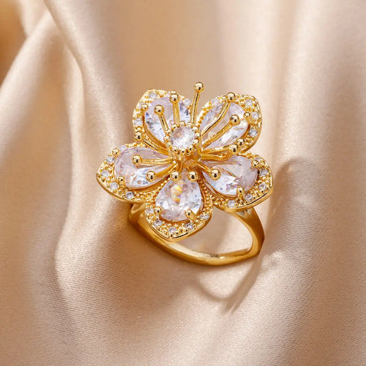 Pink Zircon Flower Ring – Gold Stainless Steel Floral Jewelry for Women