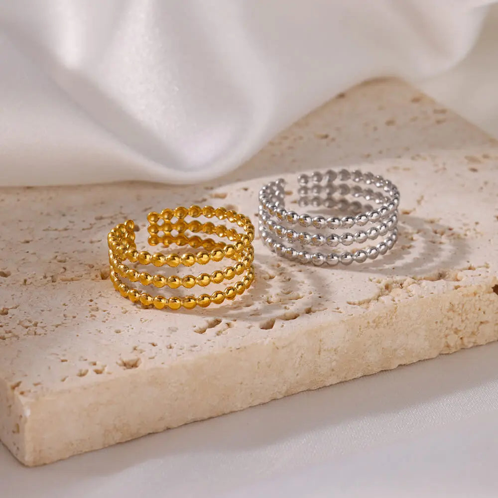Stainless Steel Beads Design Ring – Gold Color Adjustable Wedding & Party Jewelry for Women