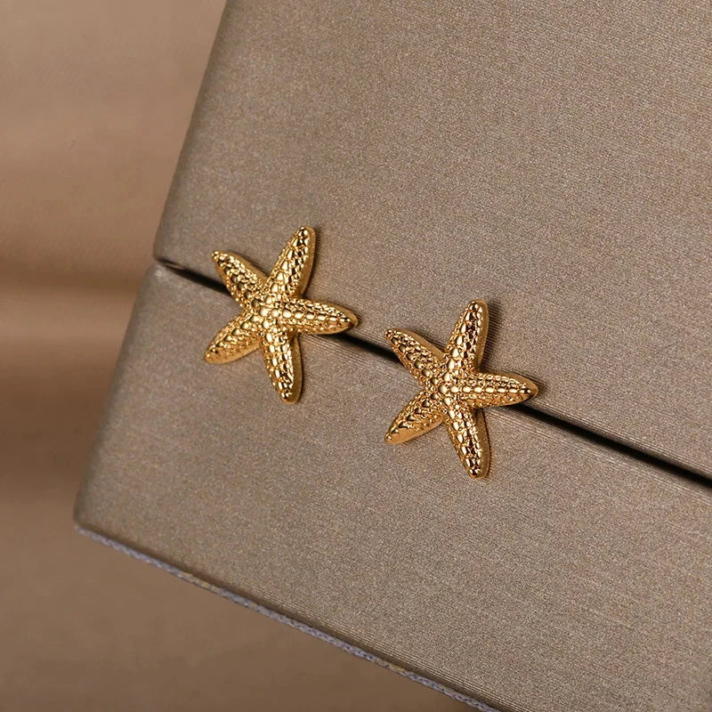 ✨ Vintage Starfish Stud Earrings for Women – Gold Stainless Steel Ocean-Inspired Jewelry | Summer Party & Gift 2025
