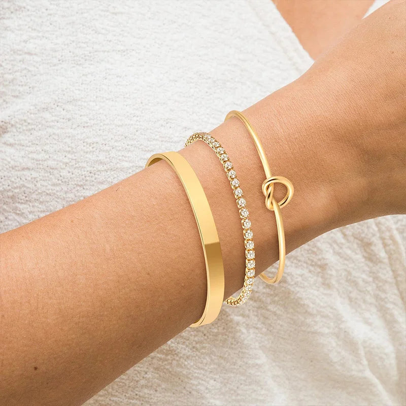 3pcs Stainless Steel Gold Plated Bracelet Set – Adjustable Luxury Zircon Bangles for Women | Trendy Jewelry Gifts
