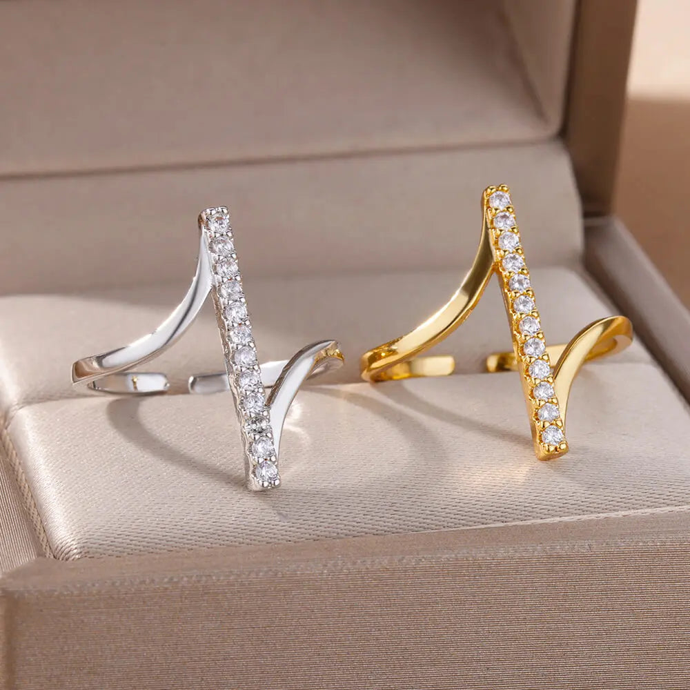 Luxury Gold Geometric Zircon Open Ring – 18K Plated Stainless Steel Wedding & Party Jewelry for Women