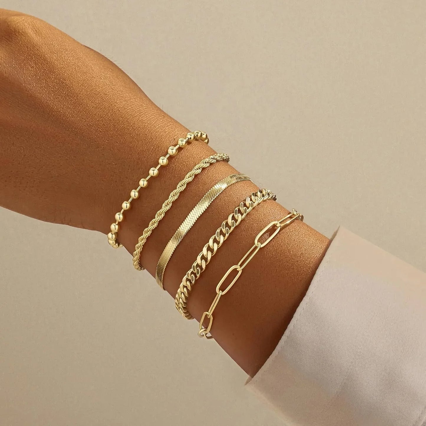 Gold Bracelet Set for Women | Beaded, Cuban, Paperclip, Snake & Rope Stack | Trendy Layered Charm Bracelets Gift