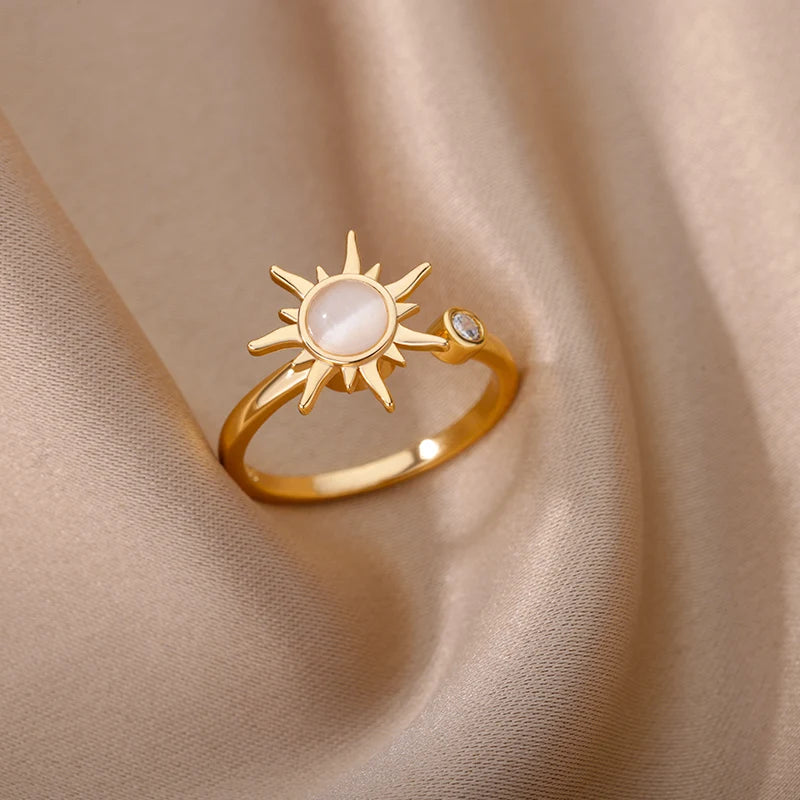 ✨ Rotating Sun Opal Ring for Women | Stainless Steel Adjustable Open Ring | Retro Party Jewelry Gift
