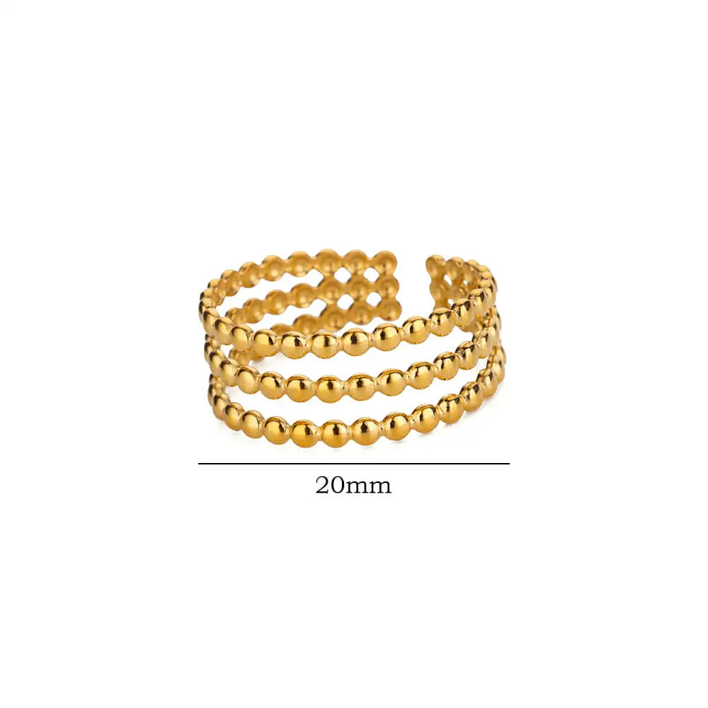 Stainless Steel Beads Design Ring – Gold Color Adjustable Wedding & Party Jewelry for Women
