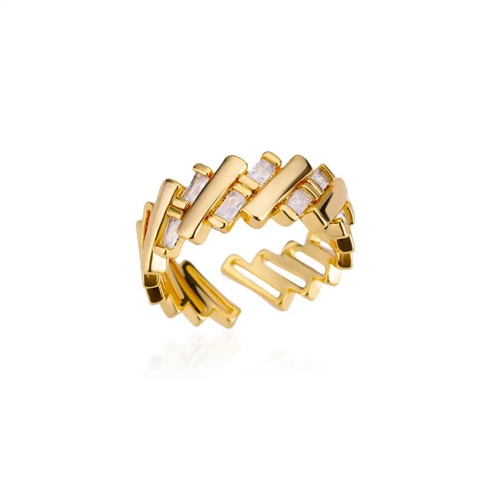 Gold Zircon Bar Open Ring – Stainless Steel Adjustable Luxury Wedding Jewelry for Women