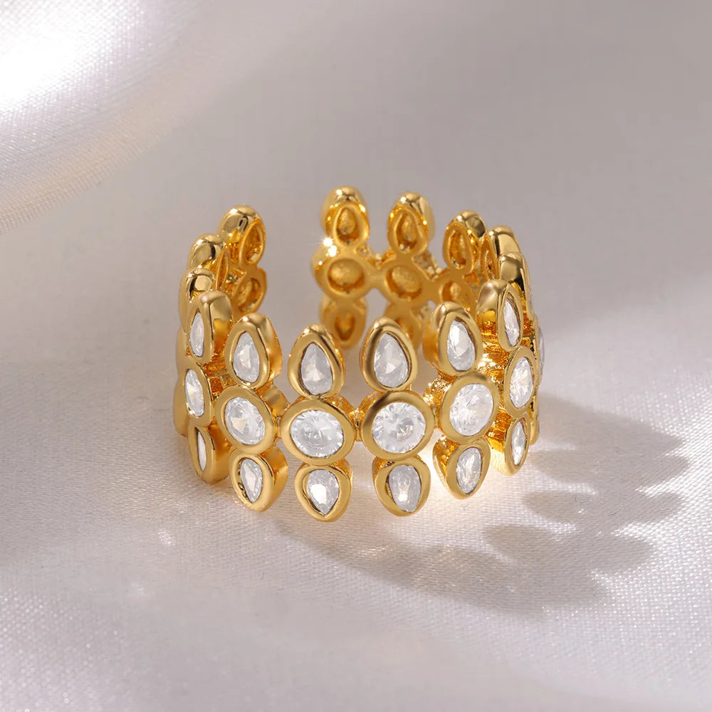 White Zircon Geometric Gold Stainless Steel Adjustable Ring for Women