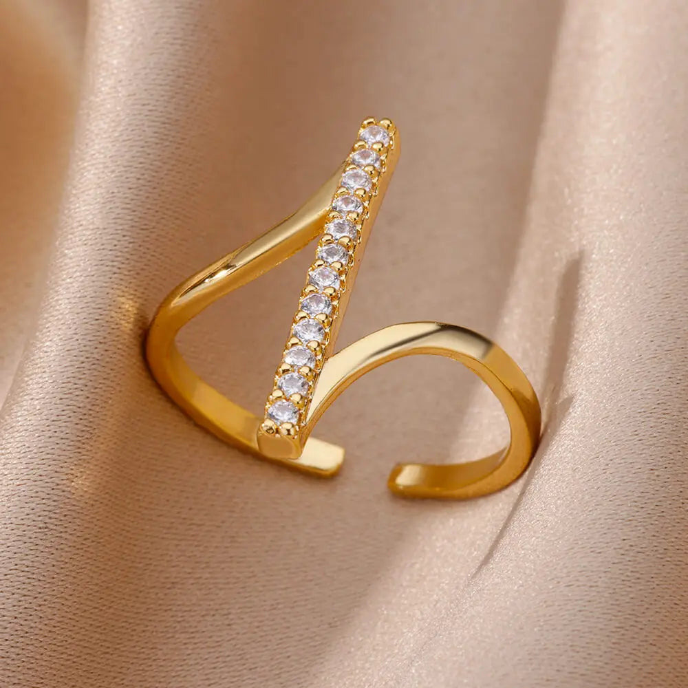 Luxury Gold Geometric Zircon Open Ring – 18K Plated Stainless Steel Wedding & Party Jewelry for Women