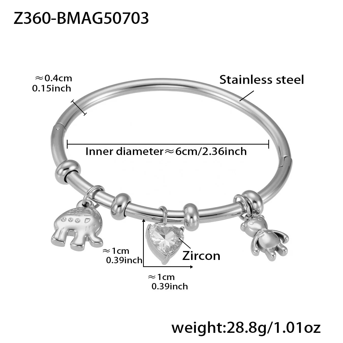 Liora Stainless Steel Little Bear & Heart Zircon Bangle – Women’s Gold Plated Bracelet | Romantic Wedding & Gift Jewelry
