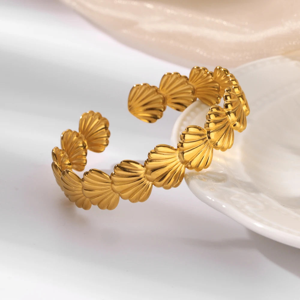 π Shell Cuff Bracelet for Women | Gold Color Stainless Steel Open Bangle | Luxury Summer Beach Jewelry Gift