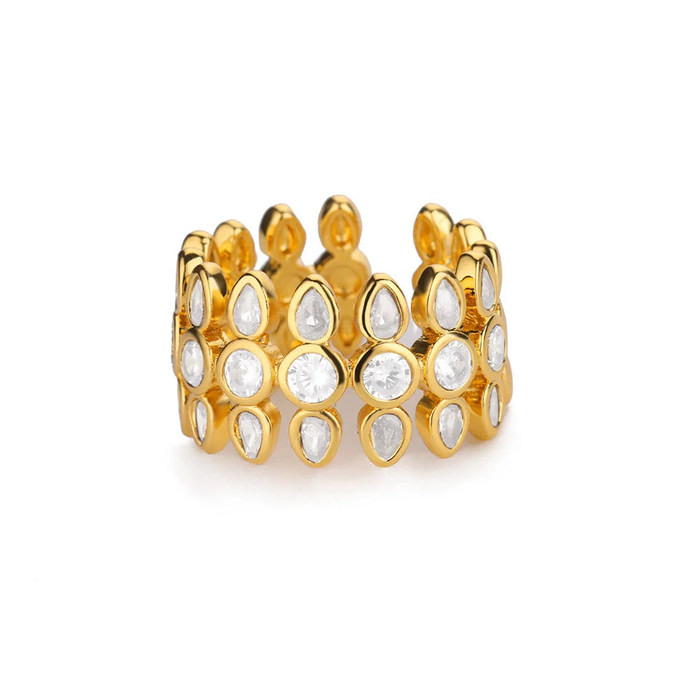 White Zircon Geometric Gold Stainless Steel Adjustable Ring for Women