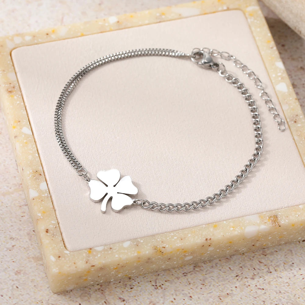Stainless Steel Lucky Clover Bracelet for Women | Non-Fading High-Polished Pendant | Trendy Hip Hop Everyday Jewelry Gift