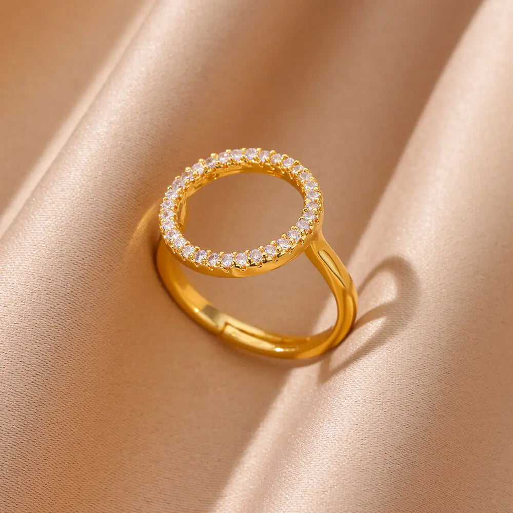 Fashion Zircon Hollow Round Rings for Women Stainless Steel Gold Color Adjustable Wedding Ring Aesthetic Jewelry Gift anillos