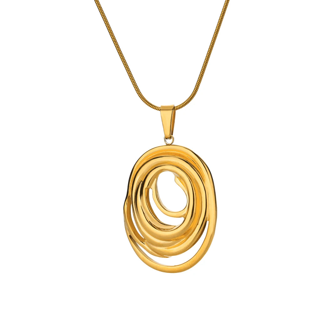 ✨ Hollow Geometric Oval Pendant Necklace for Women – Gold Color Stainless Steel | Trendy Party & Wedding Jewelry Gift