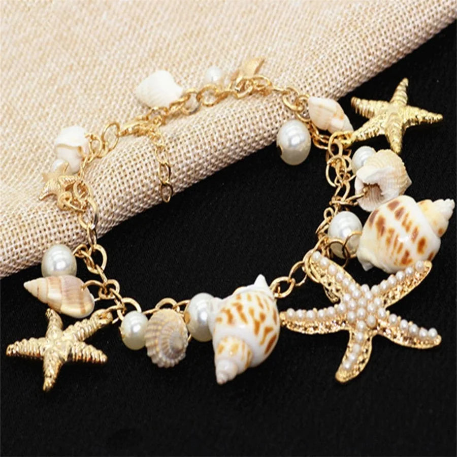 Gold Starfish & Conch Charm Bracelet | Imitation Pearl & Natural Shell | Cute Summer Y2K Fashion Jewelry