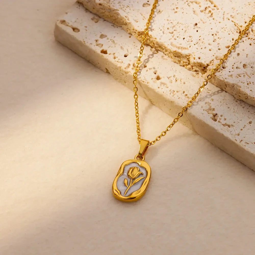 ✨ Rose Flower Pendant Necklace for Women – Gold Stainless Steel Tulip Charm | Wedding & Birthday Jewelry Gift