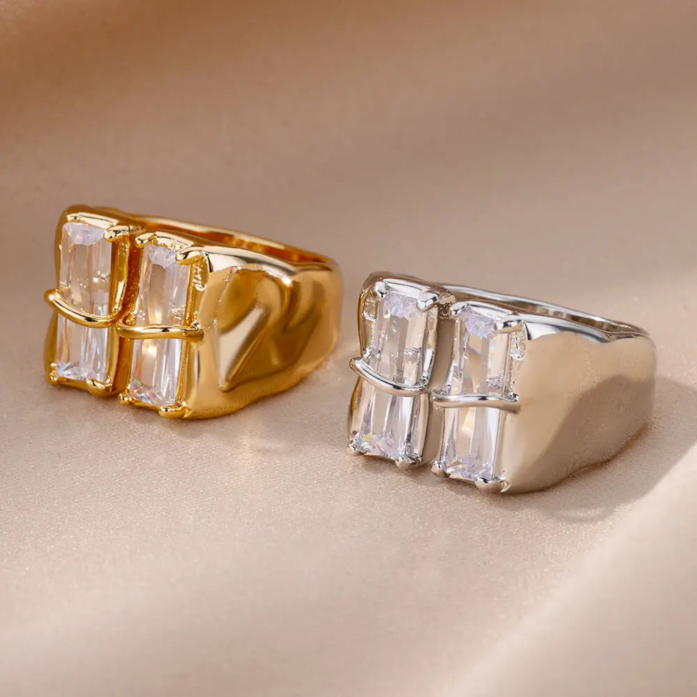 Irregular Square Zircon Ring – Gold Plated Stainless Steel Adjustable Wedding & Party Jewelry for Women