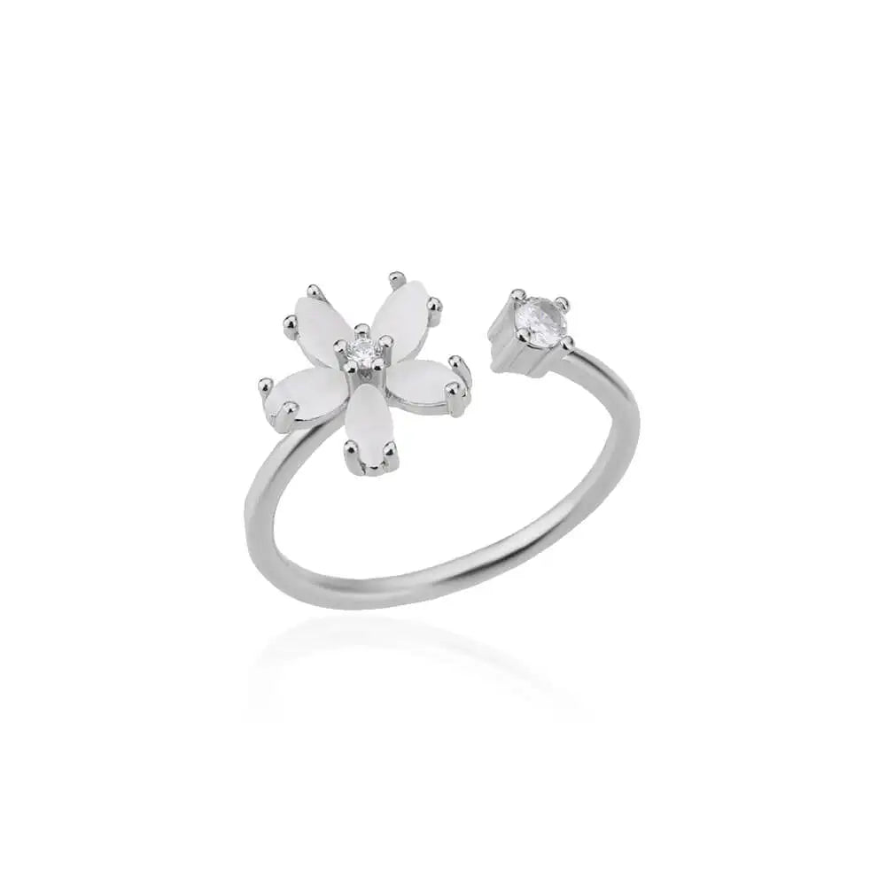 Opal Flower Open Ring – Stainless Steel Cubic Zirconia Wedding & Floral Jewelry for Women