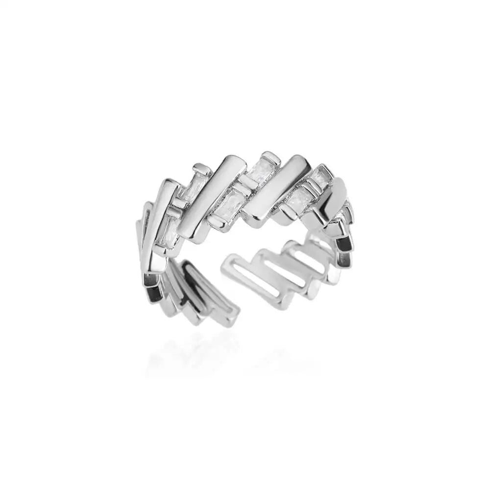 Gold Zircon Bar Open Ring – Stainless Steel Adjustable Luxury Wedding Jewelry for Women