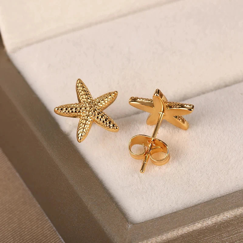 ✨ Vintage Starfish Stud Earrings for Women – Gold Stainless Steel Ocean-Inspired Jewelry | Summer Party & Gift 2025
